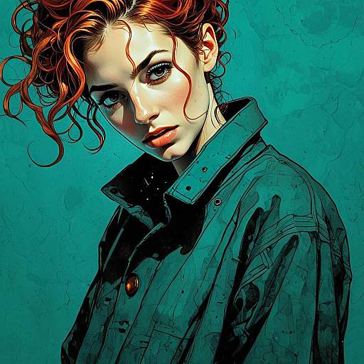 Digital Portrait of Red-Haired Woman in Teal Jacket Illustration