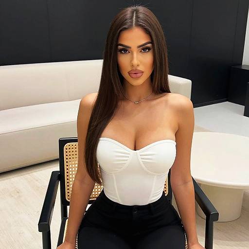 Stylish Young Woman in White Strapless Top and Black Pants Sitting Indoors