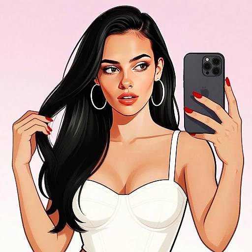 Digital Illustration of Young Woman Taking Selfie with Smartphone in White Top
