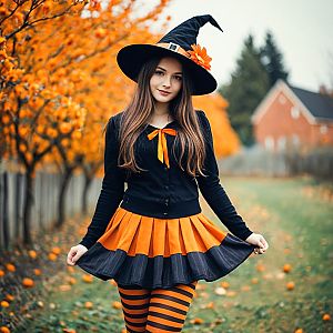 Young Woman in Vibrant Halloween Witch Costume