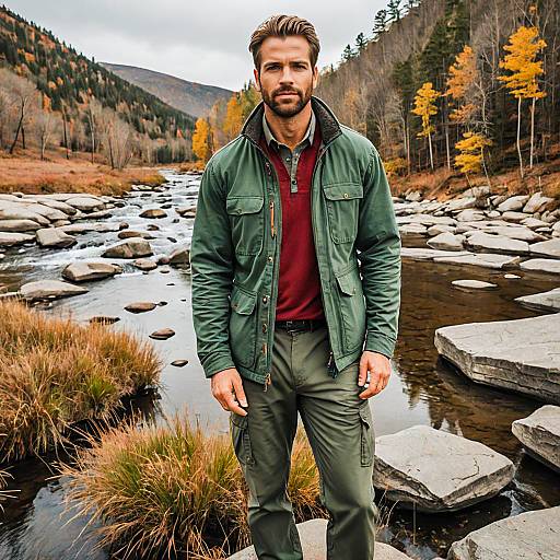 Man in Green Jacket by Autumn River in Mountain Landscape