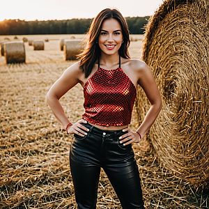 Confident Woman in Field with Hay Bales