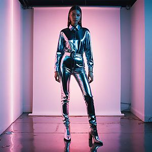 Confident Woman in Metallic Outfit