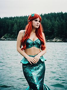 Woman in Green Mermaid Costume by Water