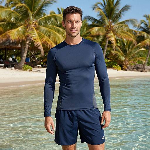 Man in Navy Blue Rash Guard and Swim Shorts on Tropical Beach