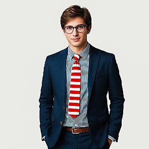 Young Man in Navy Pinstripe Suit with Red Tie