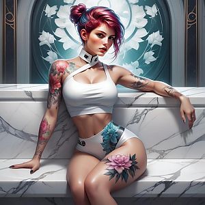 Stylized portrait of a woman with pink and blue hair on marble steps