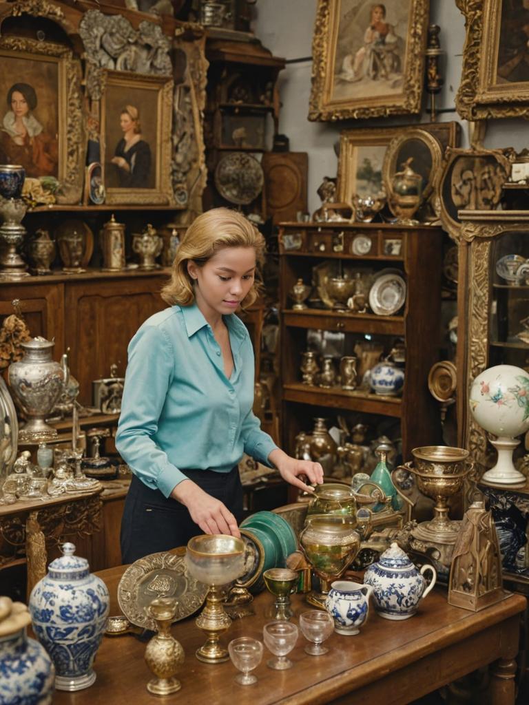 Woman in Blue Blouse Examining Antique Treasures