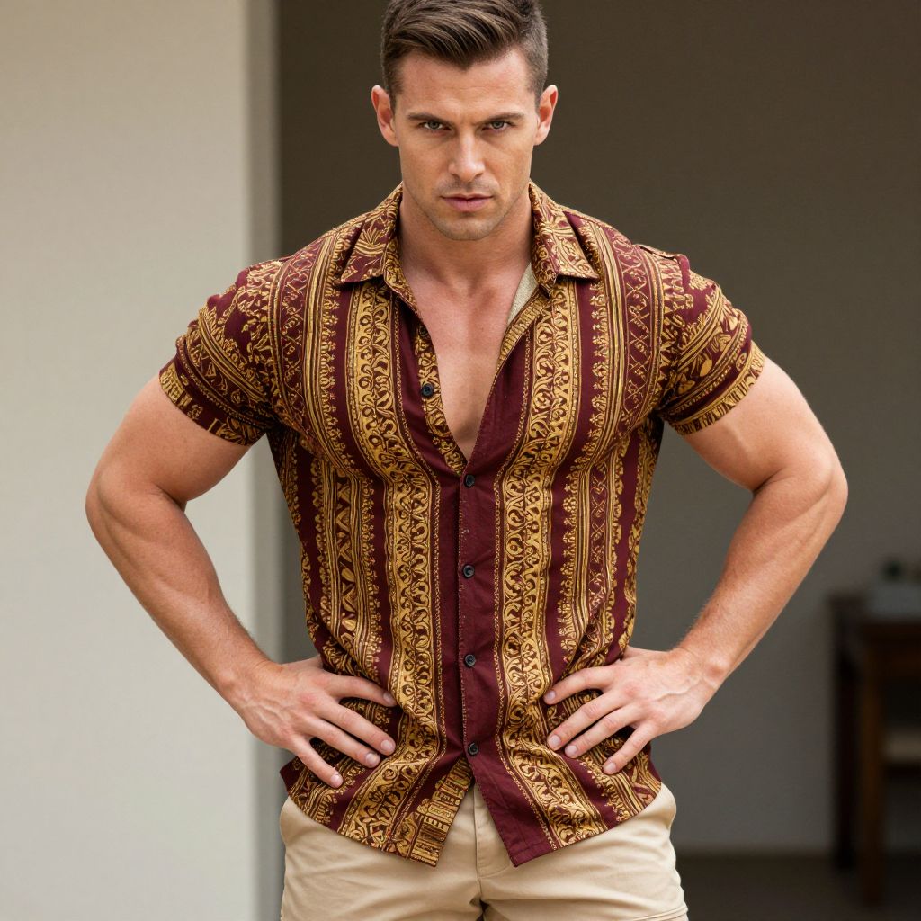 Confident Man Wearing Patterned Maroon and Gold Shirt
