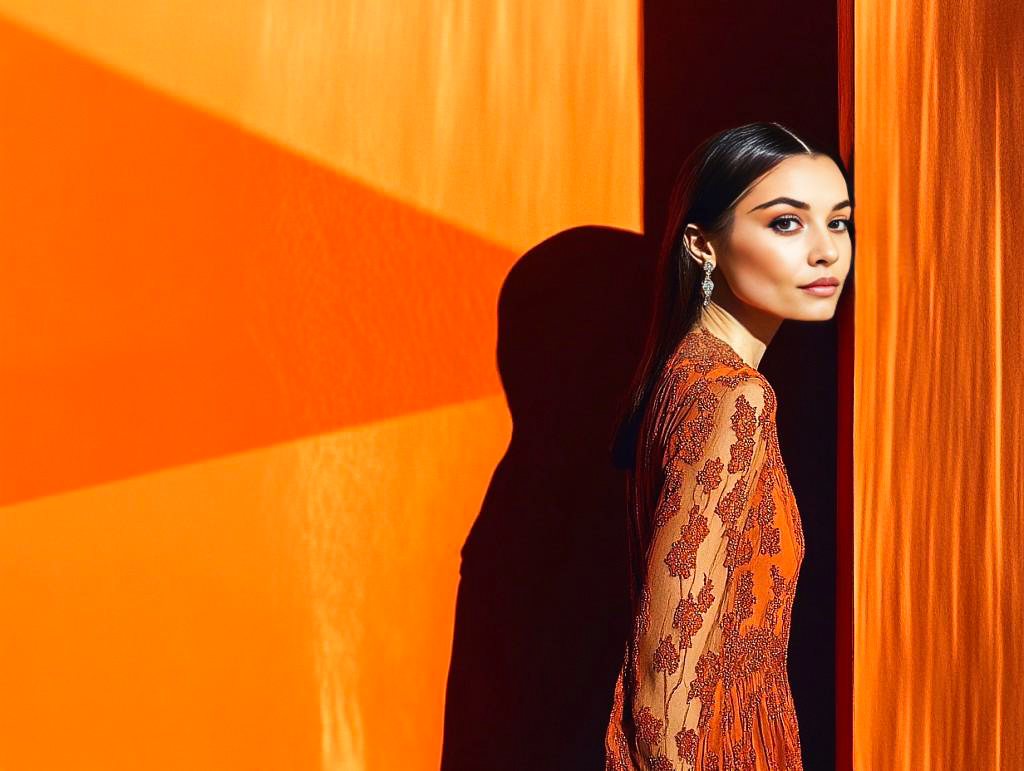 Stylish Woman in Elegant Dress Against Orange Backdrop