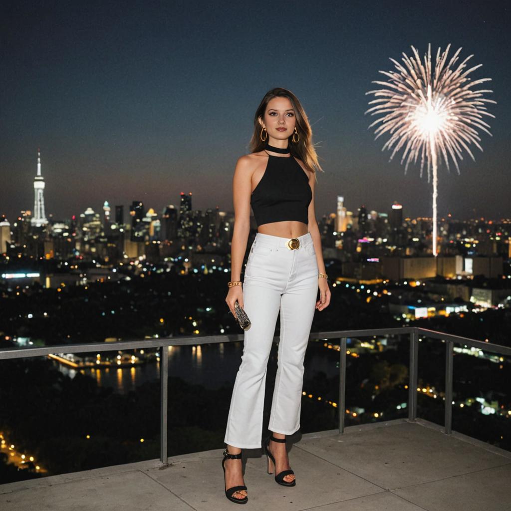 Stylish Woman Against Cityscape with Fireworks