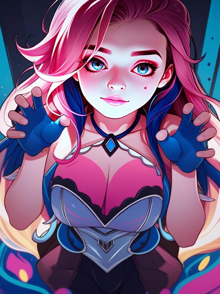 Vibrant Illustration of Young Woman with Pink and Blue Hair