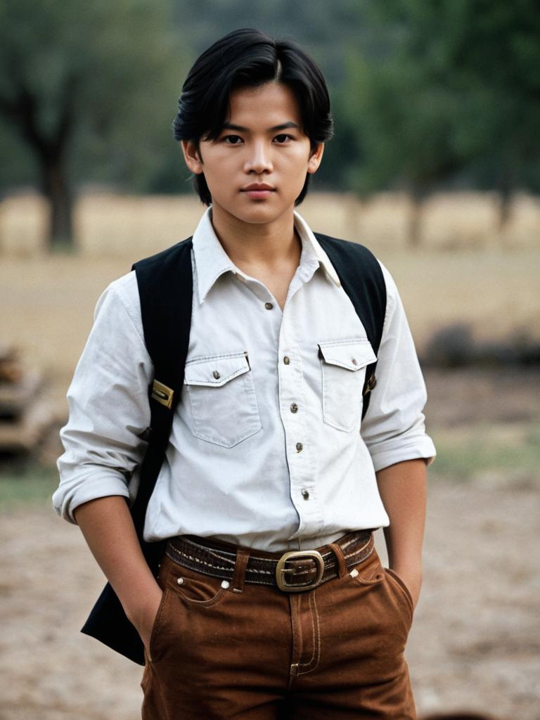 Young Man Outdoors in Casual Shirt and Brown Pants with Backpack