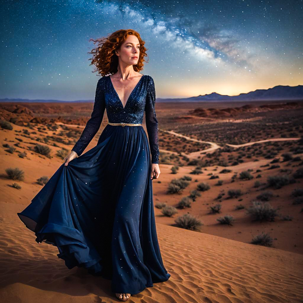 Elegant Woman in Navy Gown under Starry Sky