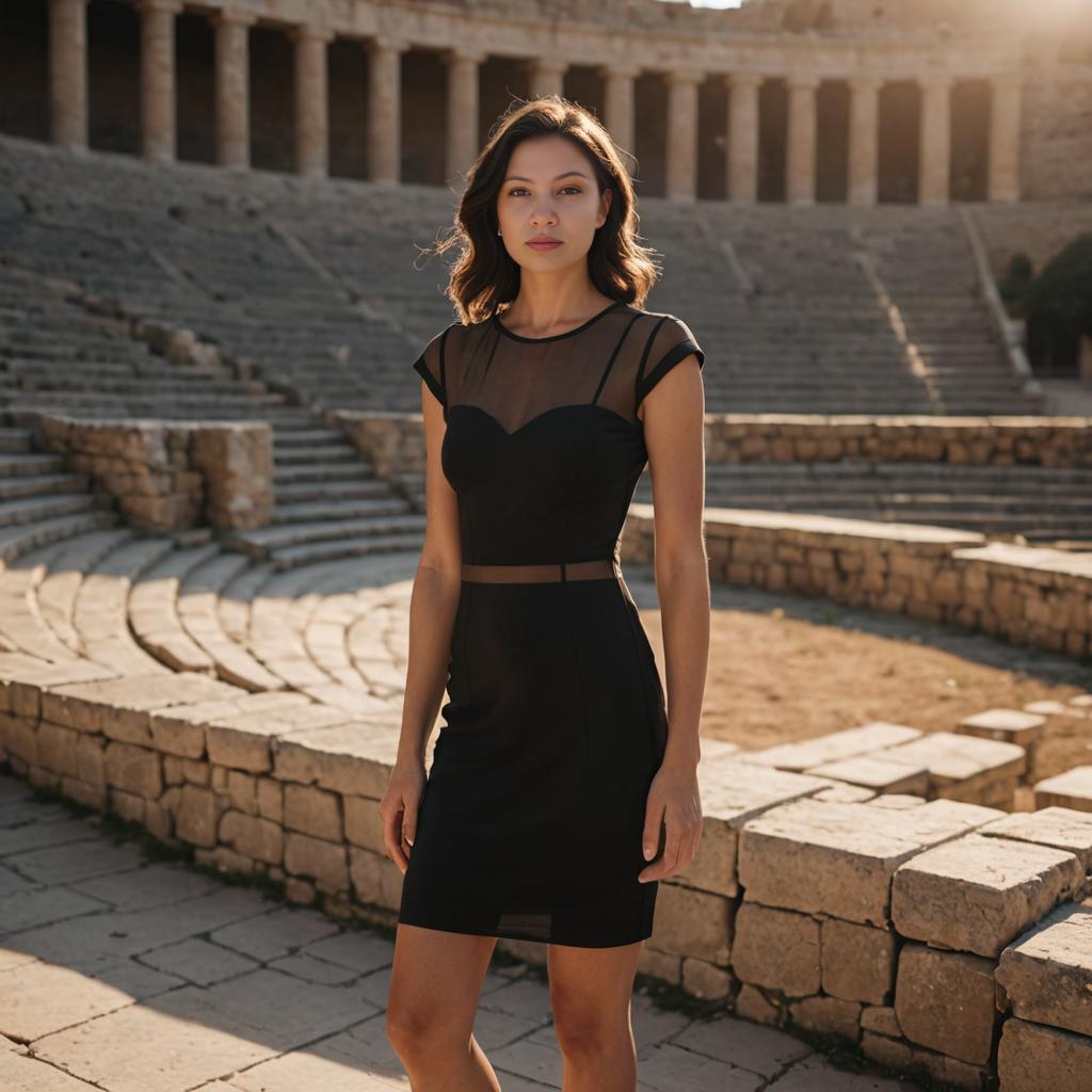 Woman in Chic Black Dress at Ancient Amphitheater