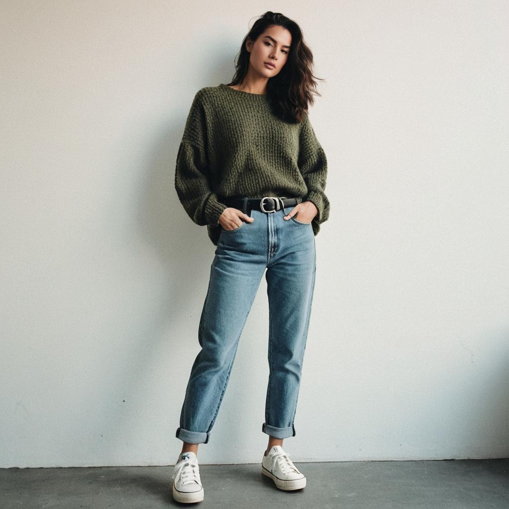 Stylish Woman in Olive Green Sweater and Blue Jeans Casual Outfit