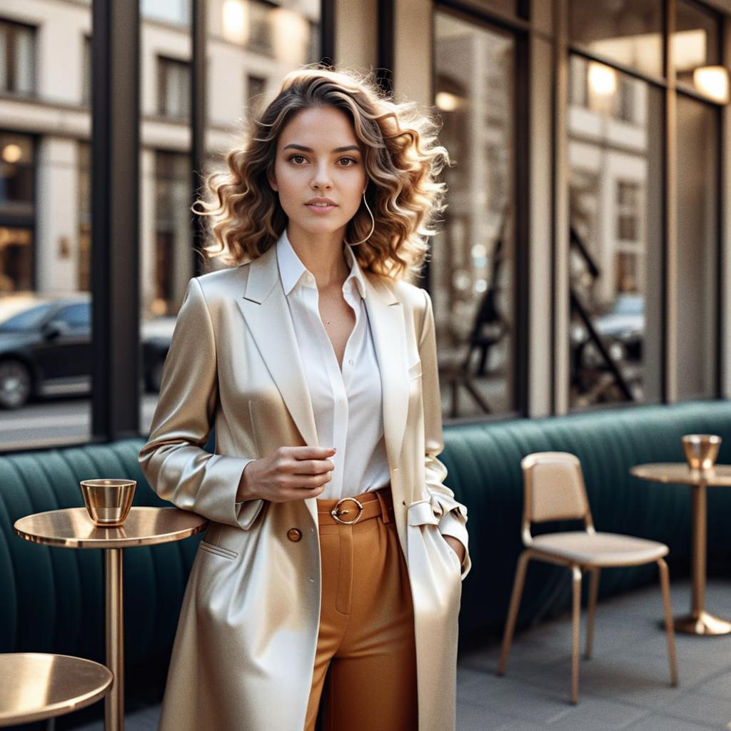 Confident Woman in Golden Blazer at Chic Cafe