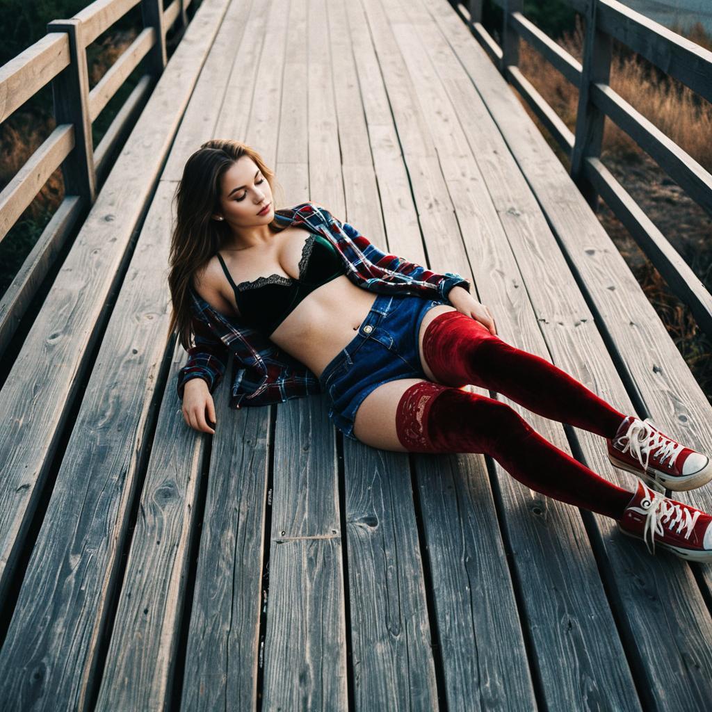 Young Woman Relaxing on Wooden Boardwalk with Edgy Vintage Style