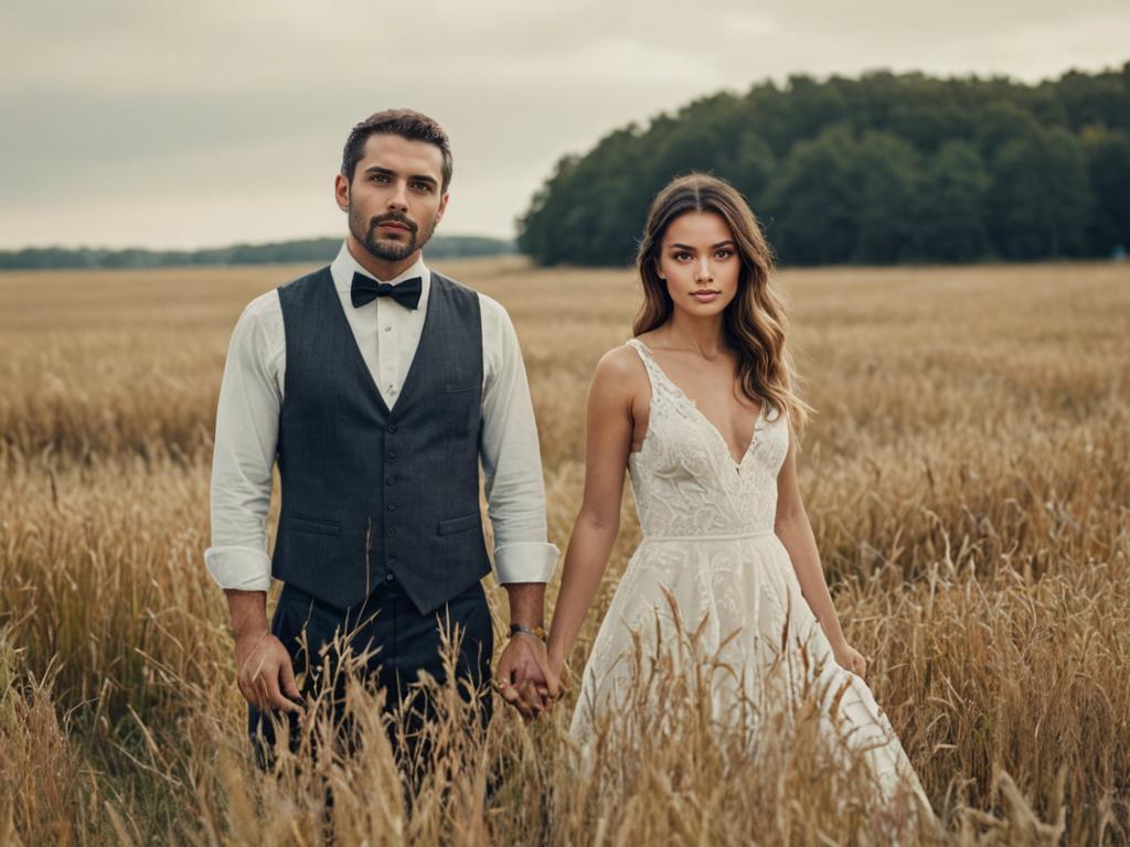 Elegant couple in wedding attire in serene field