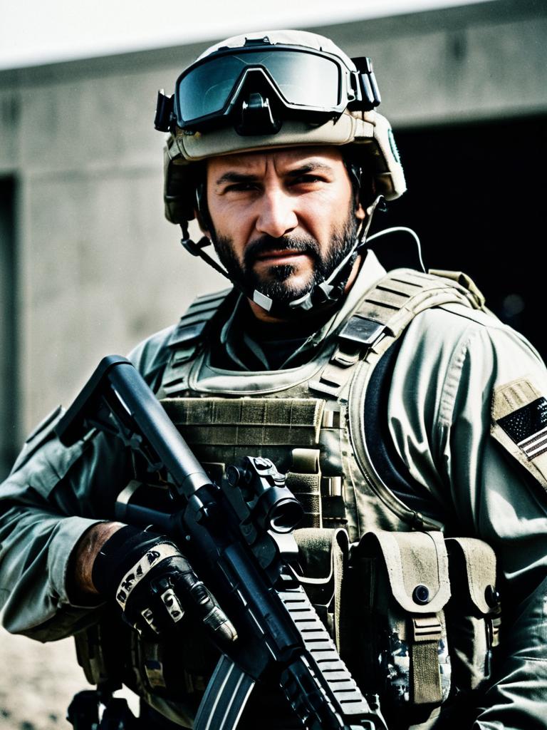 Man in SEAL Team Six Raid Costume with Tactical Gear - Cinematic Military Portrait