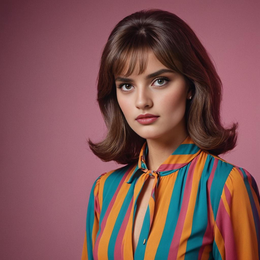 Confident Woman in 70s Hairstyle and Striped Blouse