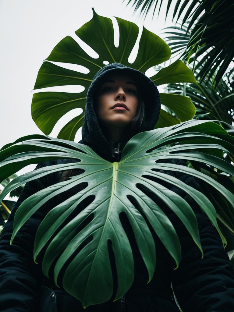 Dramatic Low-Angle Shot of Woman with Monstera Plant Costume in Cinematic Style