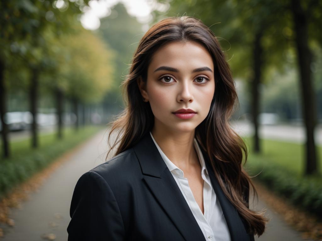 Confident Woman in Business Suit on Tree-Lined Path