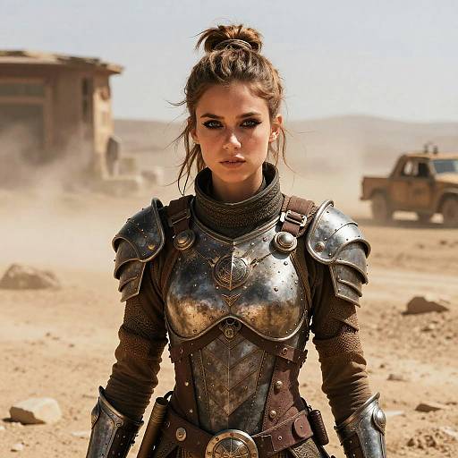 Young Woman in Medieval Armor in Desert Landscape