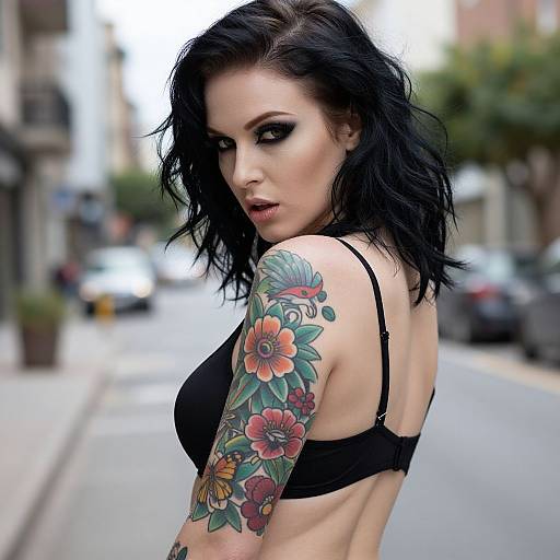 Edgy Woman with Floral Sleeve Tattoo on Urban Street