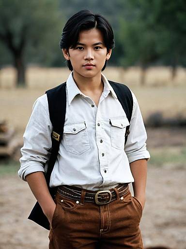 Young Man Outdoors in Casual Shirt and Brown Pants with Backpack