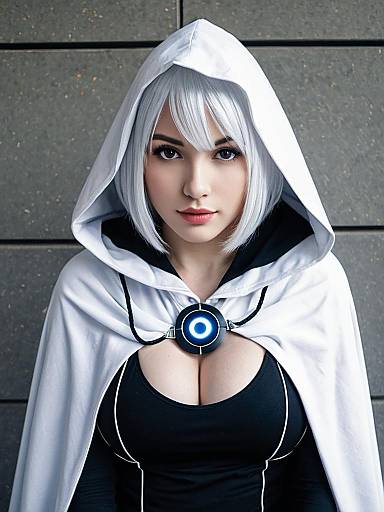 Woman in White Hooded Cloak with Futuristic Emblem and White Hair