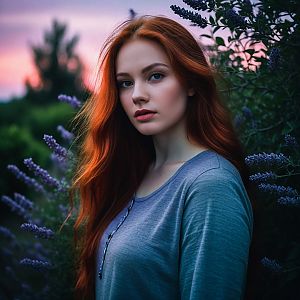 Young Woman with Red Hair in Blooming Garden at Sunset