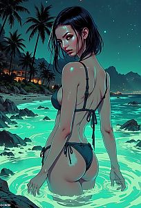 Digital Art of Woman in Bikini in Tropical Night Beach Scene
