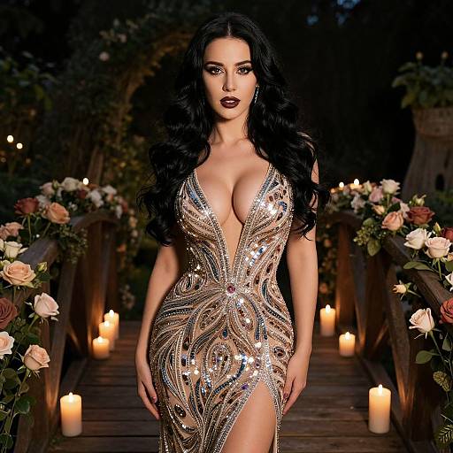 Elegant Woman in Sequined Evening Gown on Candlelit Bridge