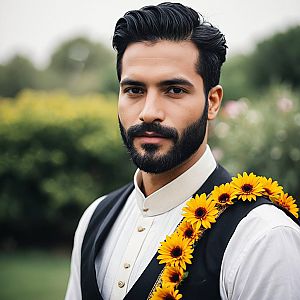 Man in Traditional Attire with Floral Decoration