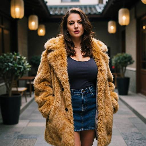 Woman Wearing Oversized Mustard Faux Fur Coat in Casual Streetwear