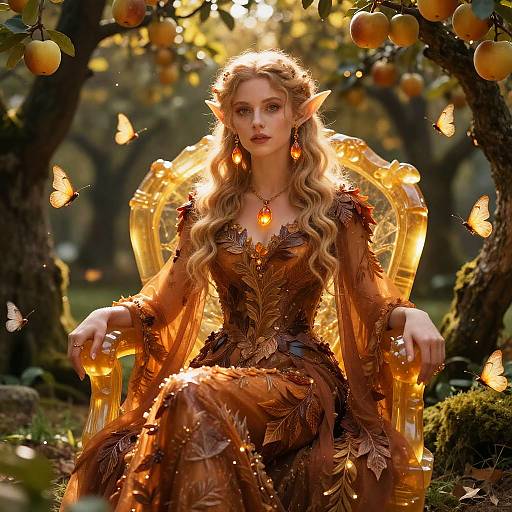 Forest Elf Woman in Autumn Leaf Gown Sitting on Golden Throne