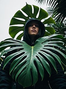Dramatic Low-Angle Shot of Woman with Monstera Plant Costume in Cinematic Style