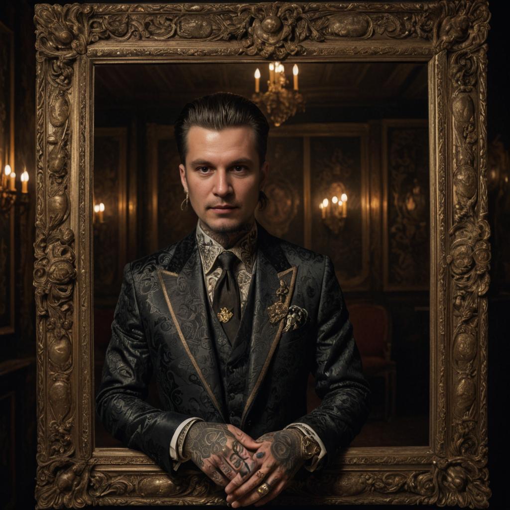 Dapper Man with Gambling Tattoo in Baroque Frame