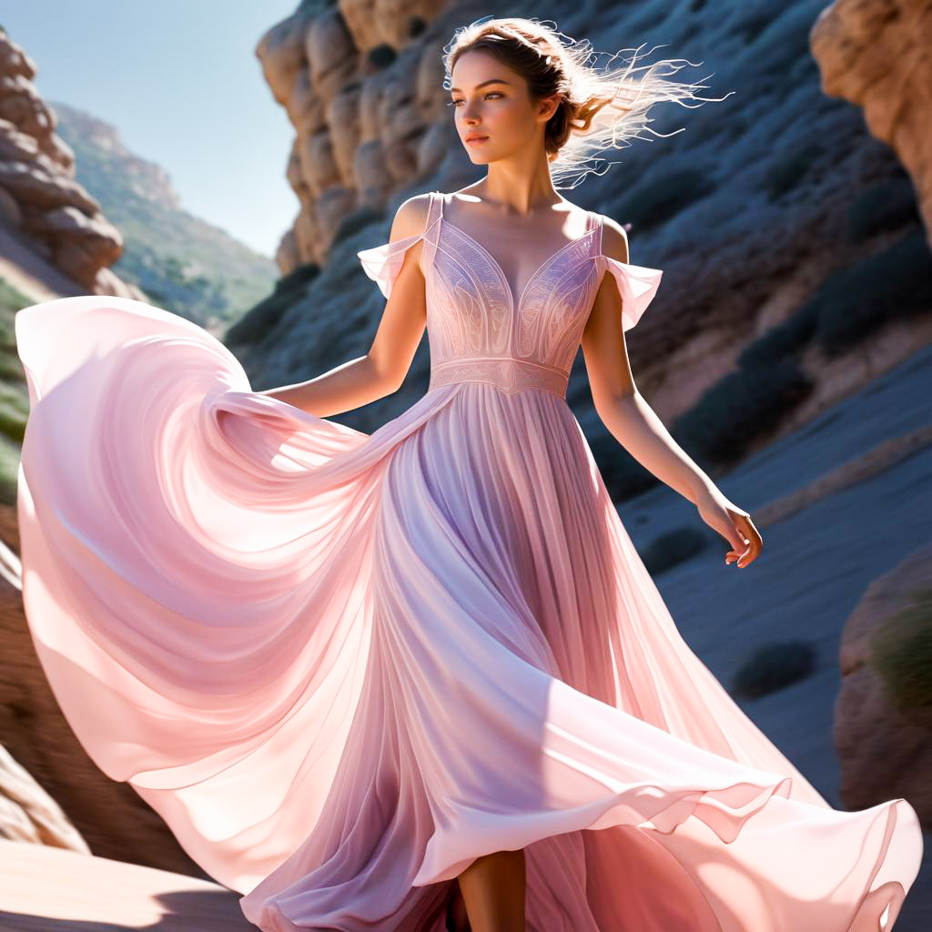 Elegant Woman in Pink Dress in Nature