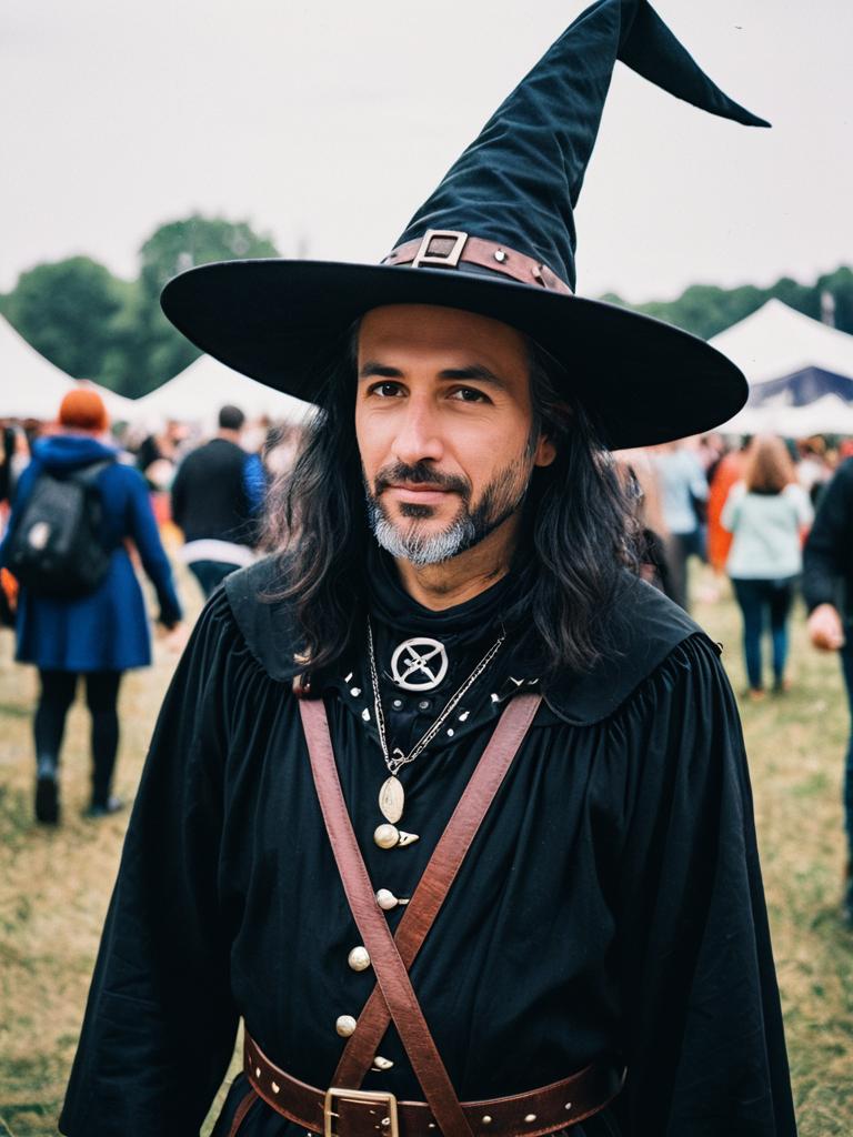 Man in Modern Witch Costume Candid Cosplay Portrait at Festival