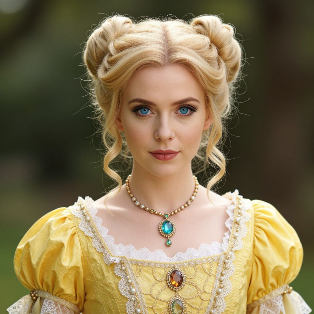 Portrait of Woman in Yellow Renaissance Dress with Intricate Hairstyle