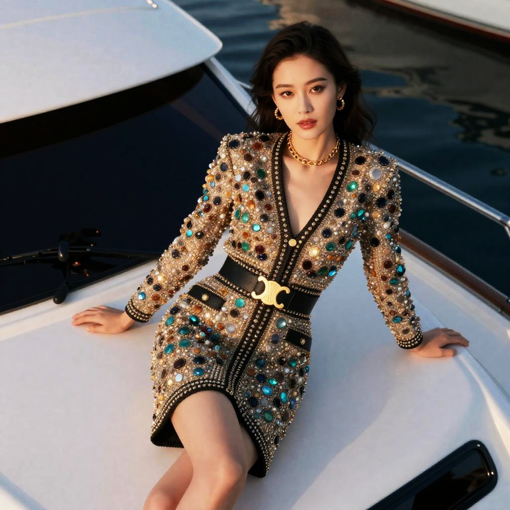 Elegant Woman in Embellished Gemstone Dress on Yacht