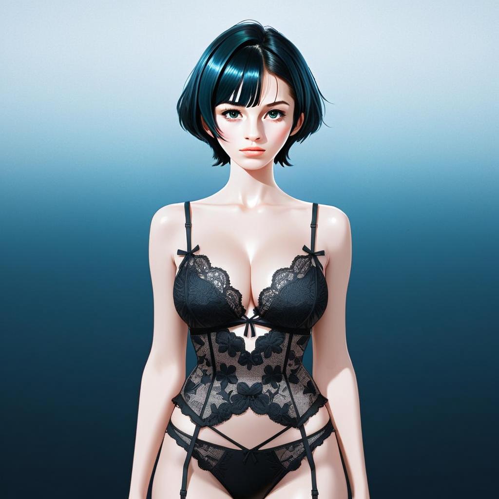 Digital Art of Woman in Black Lace Lingerie with Short Bob Hair