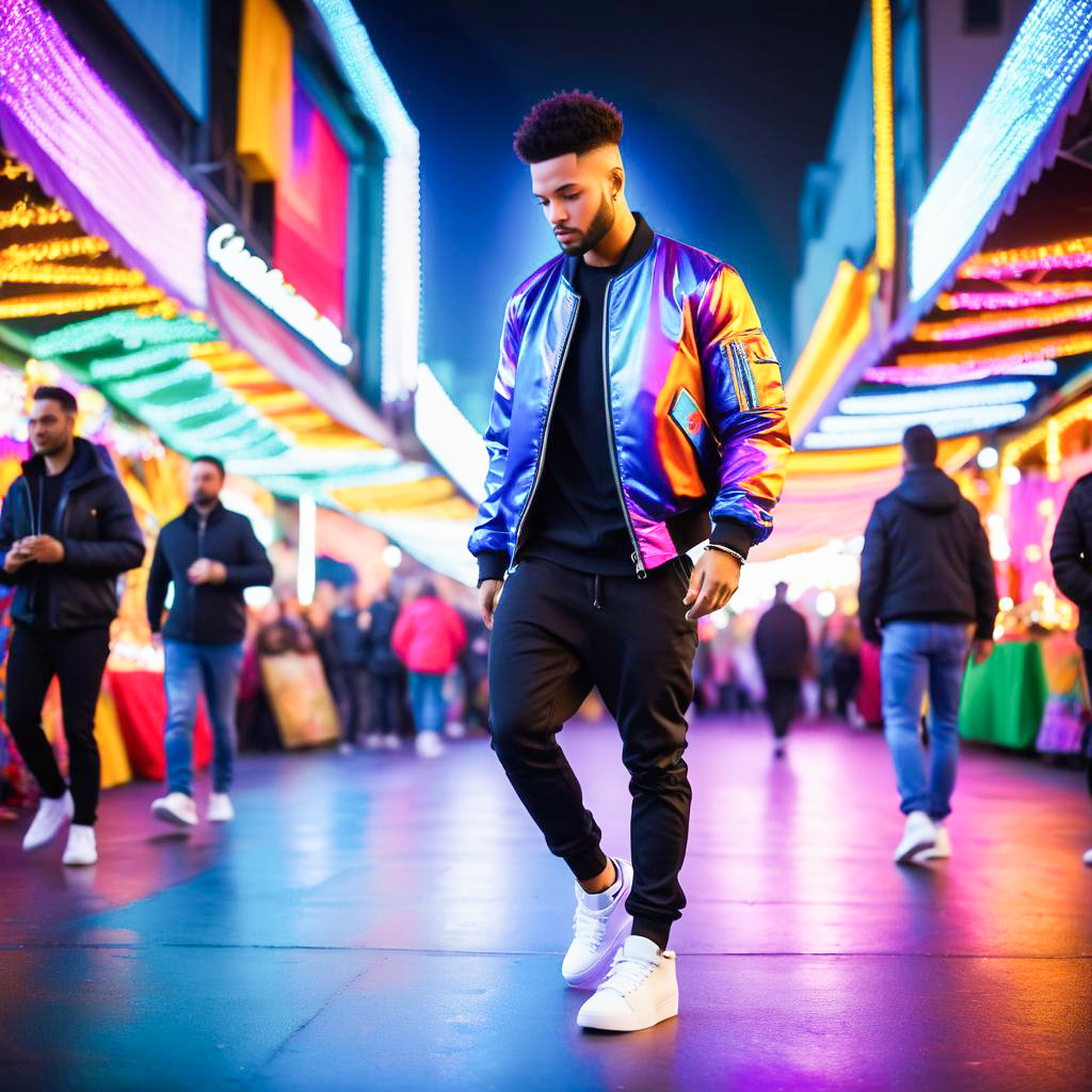 Stylish Man in Trendy Streetwear at Vibrant Market