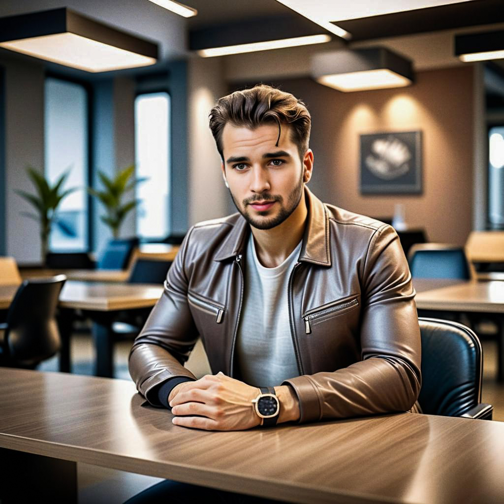 Confident Young Man in Brown Leather Jacket at Modern Workspace