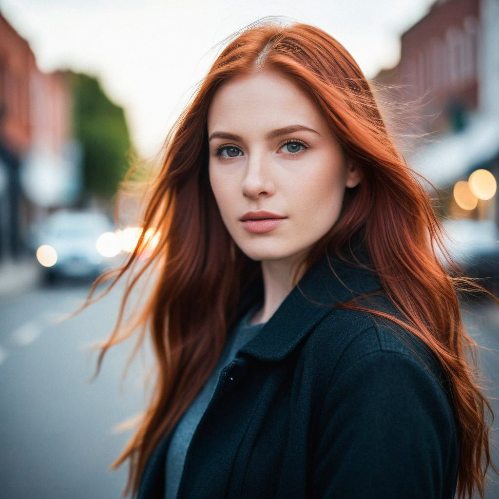 Young Red-Haired Woman in Dark Coat at Twilight