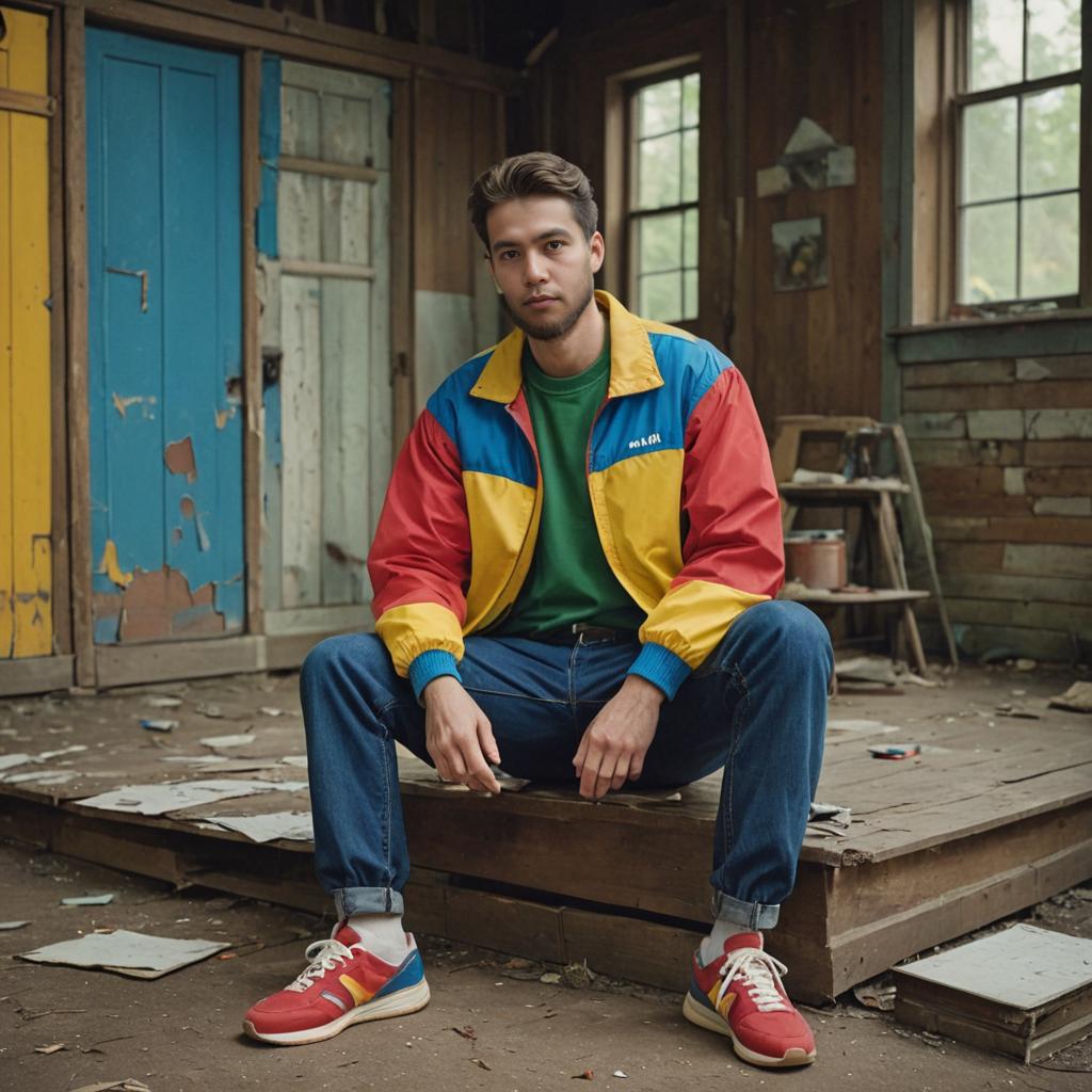 Confident Man in Retro Jacket in Abandoned Building