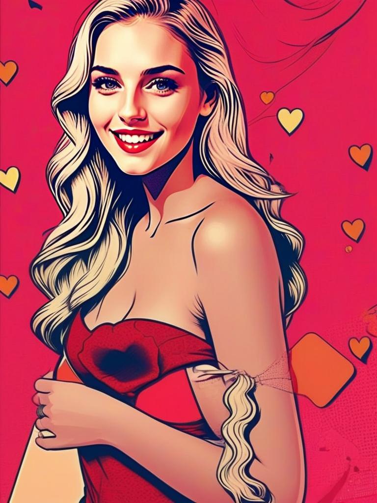 Smiling Woman in Red Dress with Hearts Smiling Woman in Red Dress with Hearts