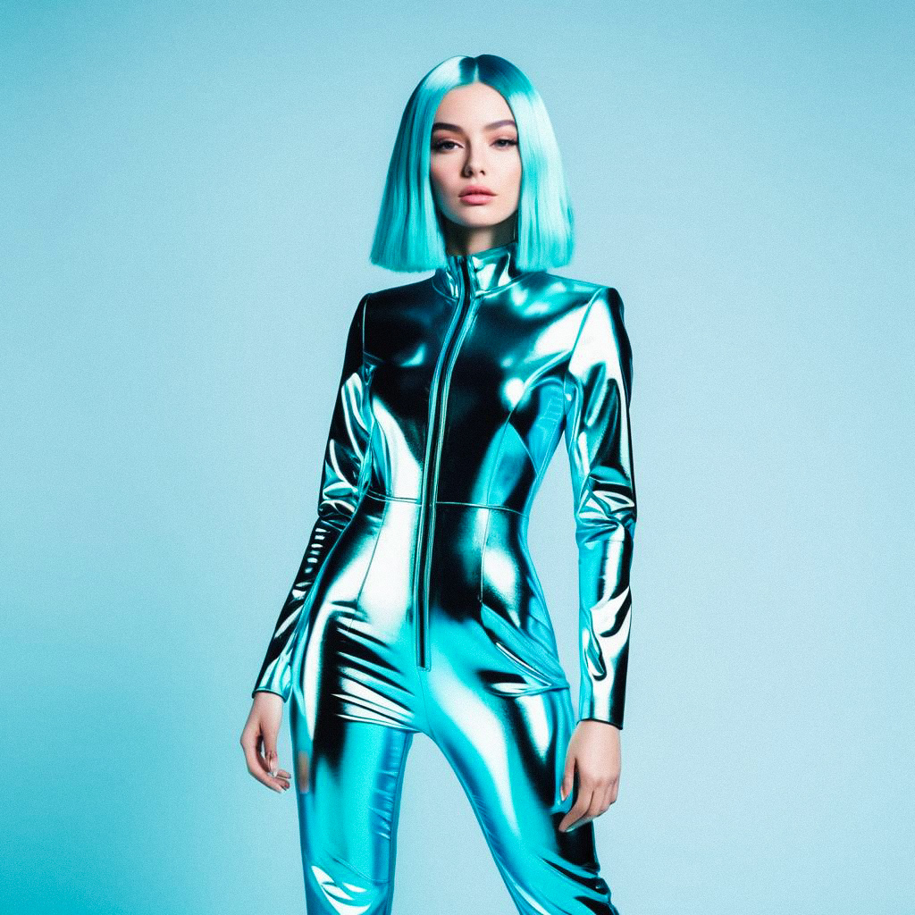 Futuristic Woman in Metallic Outfit with Turquoise Hair